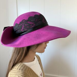 VTG Fedora Wide Brim Hat Wool Lace Satin Bow Fuchsia Whimsigoth Wedding NEW